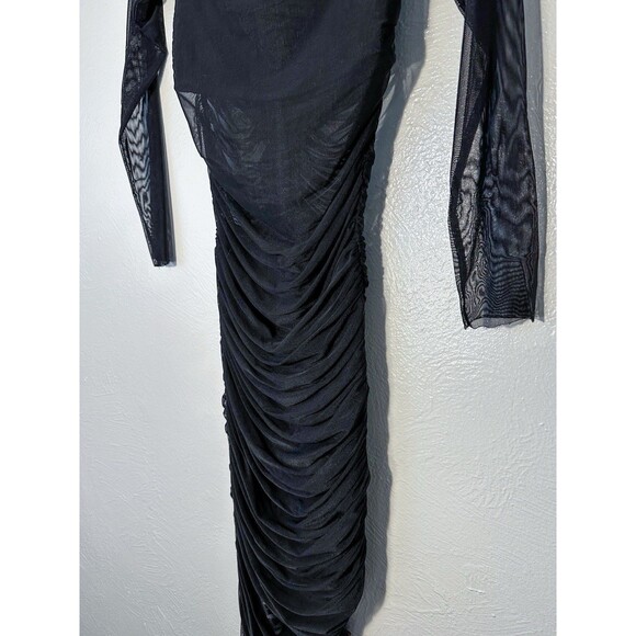 Alice & Olivia Black Mesh Midi Dress Women’s Size 2 Ruched Body-con Off Shoulder - Picture 5 of 9